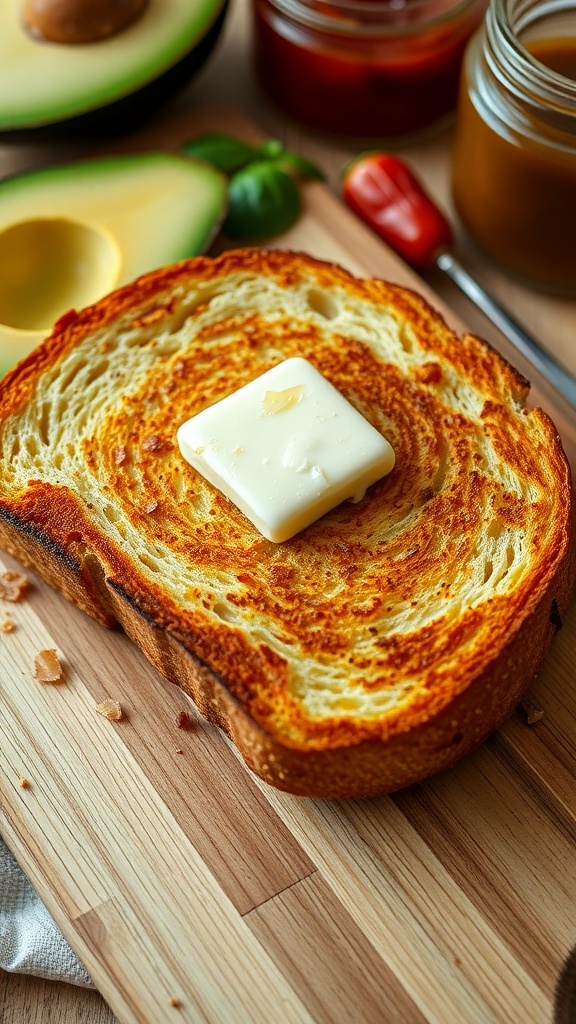 A slice of golden-brown toast with melting butter on a wooden board, surrounded by fresh ingredients.